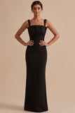 Vestido de Convidado Maxi de Casamento Preto, Decote Quadrado e Franzido