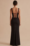 Vestido de Convidado Maxi de Casamento Preto, Decote Quadrado e Franzido