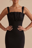 Vestido de Convidado Maxi de Casamento Preto, Decote Quadrado e Franzido