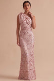 Vestido Maxi de Convidado de Noiva Bordado com Laço em Forma Cor-de-rosa e Lantejoulas