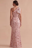Vestido Maxi de Convidado de Noiva Bordado com Laço em Forma Cor-de-rosa e Lantejoulas