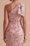 Vestido Maxi de Convidado de Noiva Bordado com Laço em Forma Cor-de-rosa e Lantejoulas