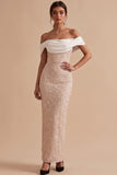 Vestido de Convidado Maxi de Casamento Branco e Rosa Bordado Floral com Ombro Descoberto