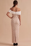 Vestido de Convidado Maxi de Casamento Branco e Rosa Bordado Floral com Ombro Descoberto