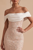 Vestido de Convidado Maxi de Casamento Branco e Rosa Bordado Floral com Ombro Descoberto