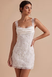 Branco Bodycon com gola embulhada, apliques florais, vestido branco curto com renda