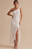 Vestido Branco Branco Branco Sheath, Renda Um Ombro, Folhos, Pequeno Vestido Branco com Fenda