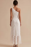 Vestido Branco Branco Branco Sheath, Renda Um Ombro, Folhos, Pequeno Vestido Branco com Fenda
