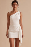 Vestido Branco Bodycon Assimétrico, Um Ombro Franzido Curto Pequeno Branco