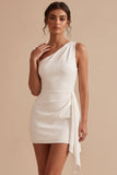 Vestido Branco Bodycon Assimétrico, Um Ombro Franzido Curto Pequeno Branco