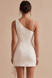Vestido Branco Bodycon Assimétrico, Um Ombro Franzido Curto Pequeno Branco