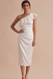 Vestido Branco Branco Branco Vestido Midi Franzido de um ombro com renda