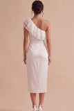 Vestido Branco Branco Branco Vestido Midi Franzido de um ombro com renda