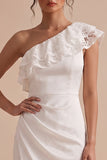 Vestido Branco Branco Branco Vestido Midi Franzido de um ombro com renda