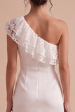 Vestido Branco Branco Branco Vestido Midi Franzido de um ombro com renda