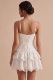Vestido branco justo, Shortheart Straps Spaghetti Short, Branco Pequeno em camadas com renda