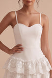 Vestido branco justo, Shortheart Straps Spaghetti Short, Branco Pequeno em camadas com renda