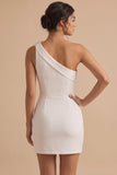 Vestido Branco Branco Bodycon Justo, Curto Um Ombro Pequeno com Flor 3D
