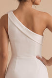Vestido Branco Branco Bodycon Justo, Curto Um Ombro Pequeno com Flor 3D