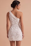 Vestido Branco Branco Bodycon Justo, Curto Um Ombro Pequeno com Flor 3D