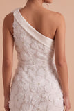 Vestido Branco Branco Bodycon Justo, Curto Um Ombro Pequeno com Flor 3D