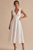 Vestido Branco Branco Midi Branco A-Line com decote em V, franzido e flor 3D