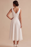 Vestido Branco Branco Midi Branco A-Line com decote em V, franzido e flor 3D