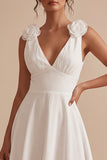 Vestido Branco Branco Midi Branco A-Line com decote em V, franzido e flor 3D
