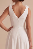 Vestido Branco Branco Midi Branco A-Line com decote em V, franzido e flor 3D