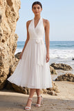 Vestido de Noiva Midi Branco A-Line Halter Chiffon com Faixa