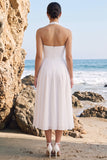 Vestido de Noiva Midi Branco A-Line Halter Chiffon com Faixa