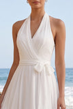 Vestido de Noiva Midi Branco A-Line Halter Chiffon com Faixa