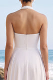 Vestido de Noiva Midi Branco A-Line Halter Chiffon com Faixa