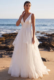 Vestido de Noiva Maxi em camadas, decote em V e decote em V branco