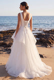 Vestido de Noiva Maxi em camadas, decote em V e decote em V branco