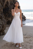 Vestido de Noiva Branco A-Line A-Line, alças franzidas em renda, comprimento chá
