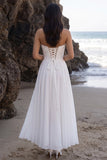 Vestido de Noiva Branco A-Line A-Line, alças franzidas em renda, comprimento chá