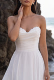 Vestido de Noiva Branco A-Line A-Line, alças franzidas em renda, comprimento chá