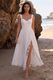 Vestido de Noiva Midi Branco A-Line A-Line Sweetheart Chiffon Franzido com Fenda Lateral em Renda
