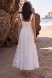 Vestido de Noiva Midi Branco A-Line A-Line Sweetheart Chiffon Franzido com Fenda Lateral em Renda