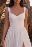 Vestido de Noiva Midi Branco A-Line A-Line Sweetheart Chiffon Franzido com Fenda Lateral em Renda