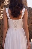 Vestido de Noiva Midi Branco A-Line A-Line Sweetheart Chiffon Franzido com Fenda Lateral em Renda
