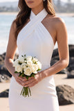 Vestido de Noiva Mini Vestido de Noiva Branco Halter Sheath Tule