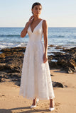 Vestido de Noiva Maxi, A-Line A-Line e Decote em V, Aplicações de Renda em Cetim Branco