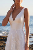 Vestido de Noiva Maxi, A-Line A-Line e Decote em V, Aplicações de Renda em Cetim Branco