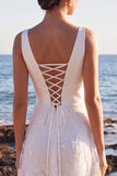 Vestido de Noiva Maxi, A-Line A-Line e Decote em V, Aplicações de Renda em Cetim Branco