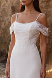 Vestido de Noiva Branco A-Line com Aplicações de Ombro Frio, Comprimento Chá