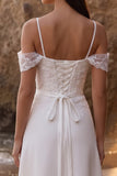 Vestido de Noiva Branco A-Line com Aplicações de Ombro Frio, Comprimento Chá