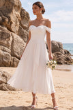 Vestido de Noiva Midi de Chiffon Franzido em linha A com linha em A