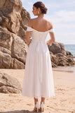 Vestido de Noiva Midi de Chiffon Franzido em linha A com linha em A
